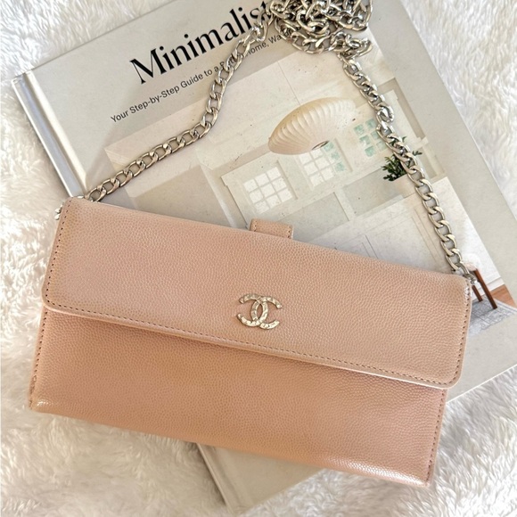 Authentic Chanel Coco Mark Sevruga Caviar Skin Flap Long Wallet On Chain Pink - Picture 2 of 16